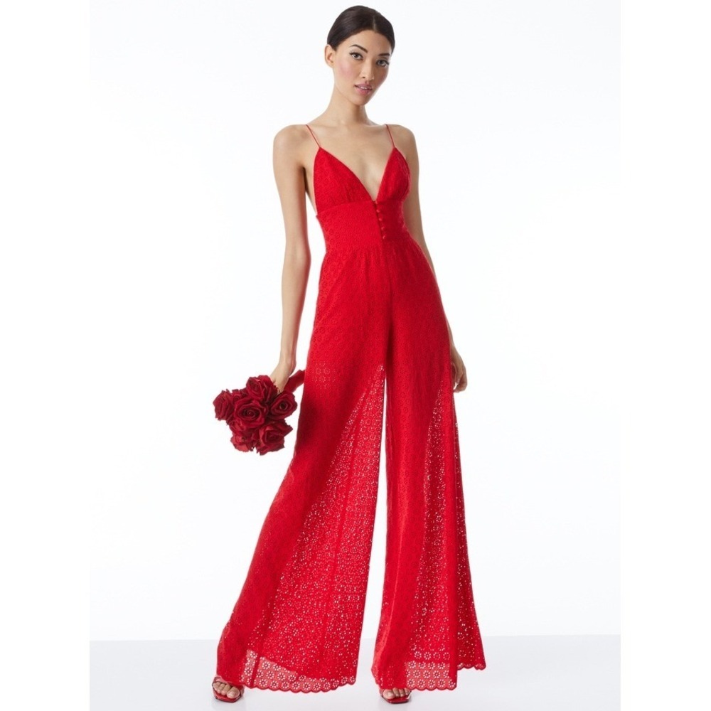 ALICE + OLIVIA Tilly Eyelet Wide Leg Button Front Jumpsuit‎ Size 2 Red Lace Sexy